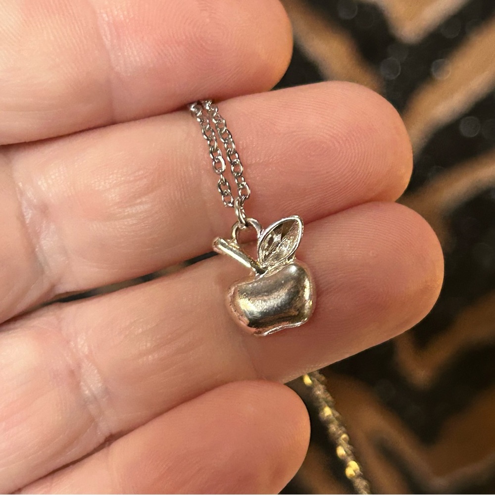 Handcrafted vintage shiny silver apple pendant on chain necklace